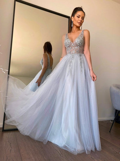 V-neck Beading Tulle Sleeveless Floor-Length Dresses