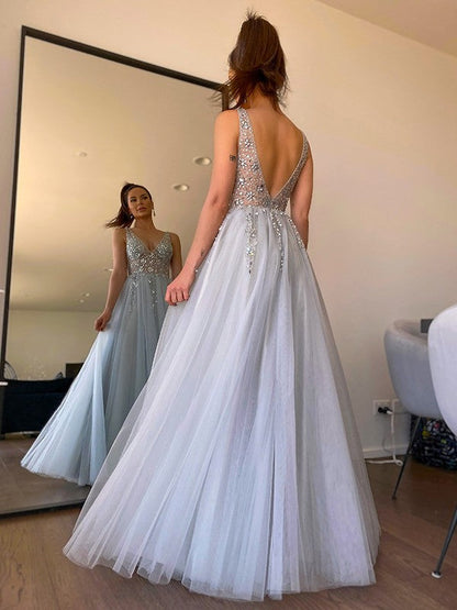 V-neck Beading Tulle Sleeveless Floor-Length Dresses