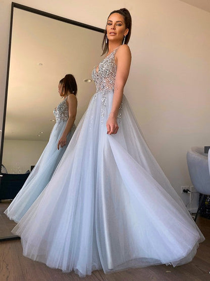 V-neck Beading Tulle Sleeveless Floor-Length Dresses