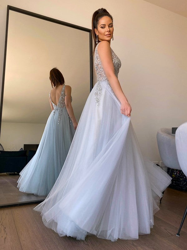 V-neck Beading Tulle Sleeveless Floor-Length Dresses