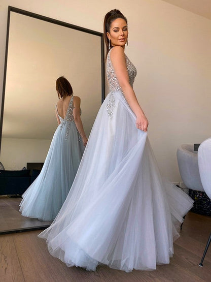V-neck Beading Tulle Sleeveless Floor-Length Dresses