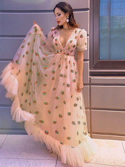 Tulle Ruffles V-neck Short Sleeves Floor-Length Dresses