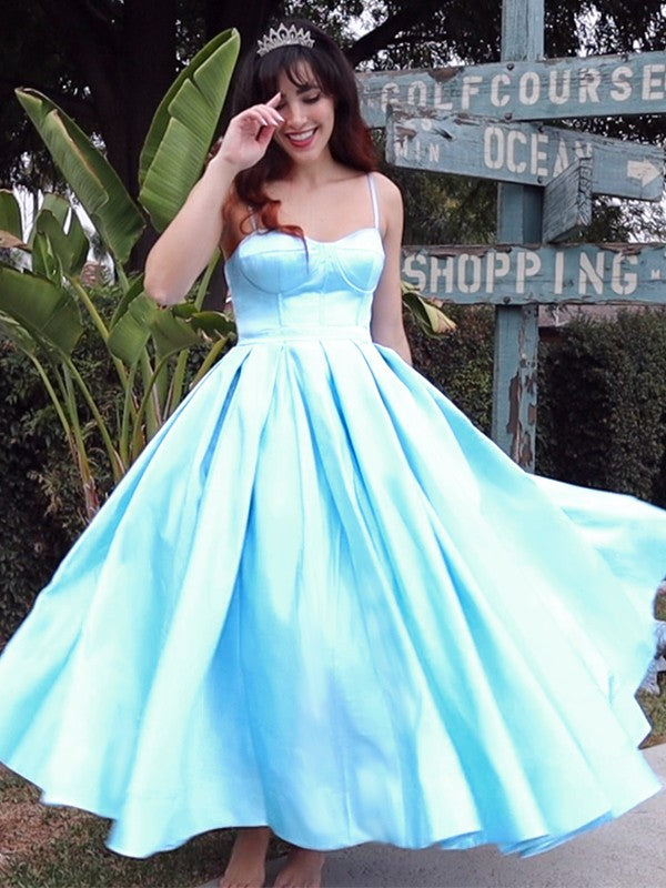 Spaghetti Straps Sleeveless Satin Ruffles Tea-Length Homecoming Dresses
