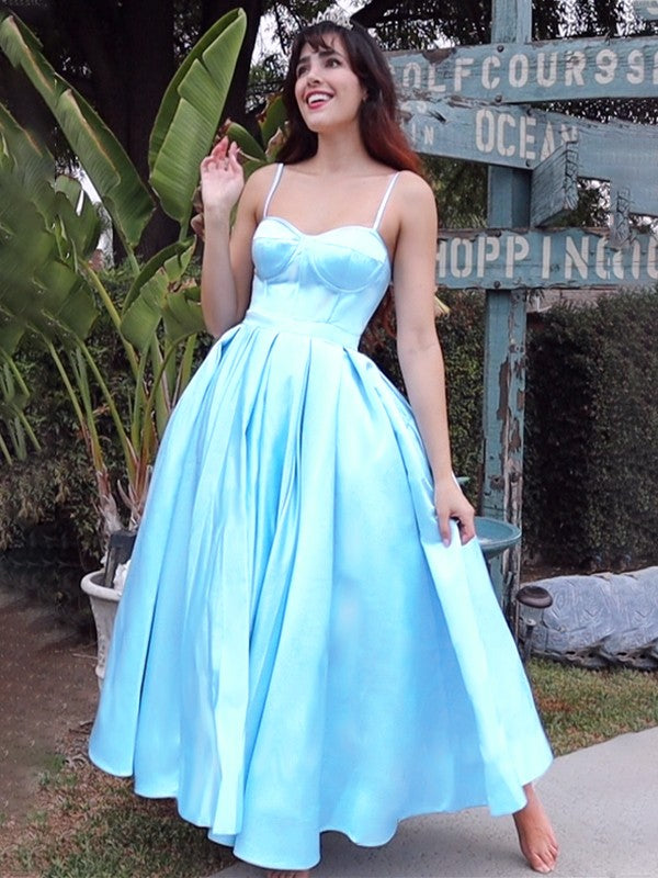 Spaghetti Straps Sleeveless Satin Ruffles Tea-Length Homecoming Dresses