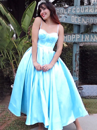 Spaghetti Straps Sleeveless Satin Ruffles Tea-Length Homecoming Dresses