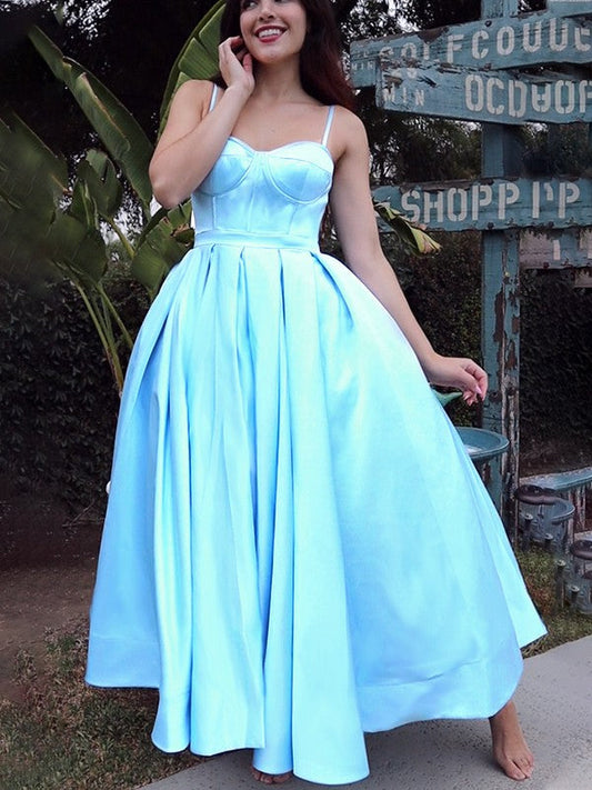 Spaghetti Straps Sleeveless Satin Ruffles Tea-Length Homecoming Dresses