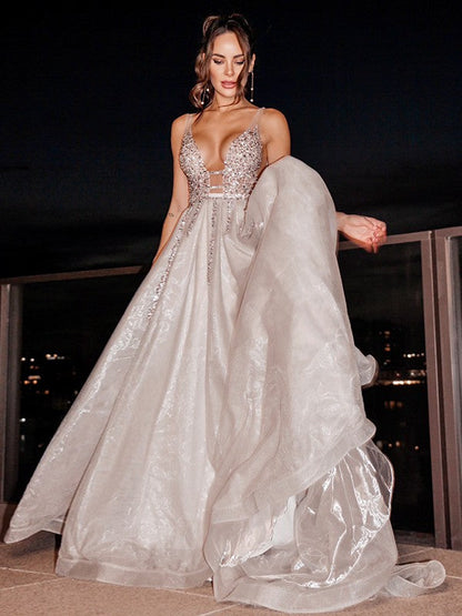 Organza V-neck Sleeveless Beading Sweep/Brush Train Dresses