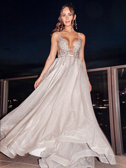 Organza V-neck Sleeveless Beading Sweep/Brush Train Dresses