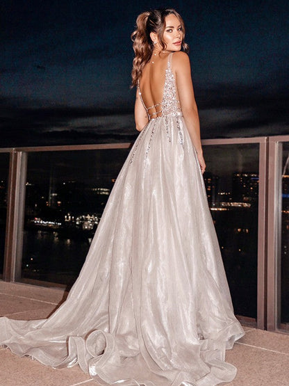 Organza V-neck Sleeveless Beading Sweep/Brush Train Dresses
