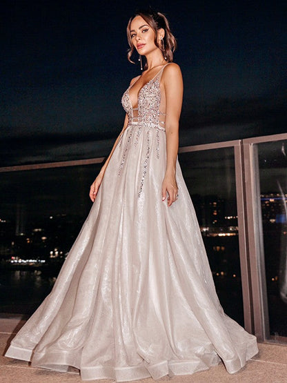 Organza V-neck Sleeveless Beading Sweep/Brush Train Dresses