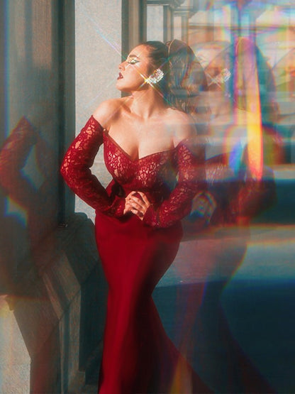 Woven Satin Applique Off-the-Shoulder Long Sleeves Sweep/Brush Train Dresses