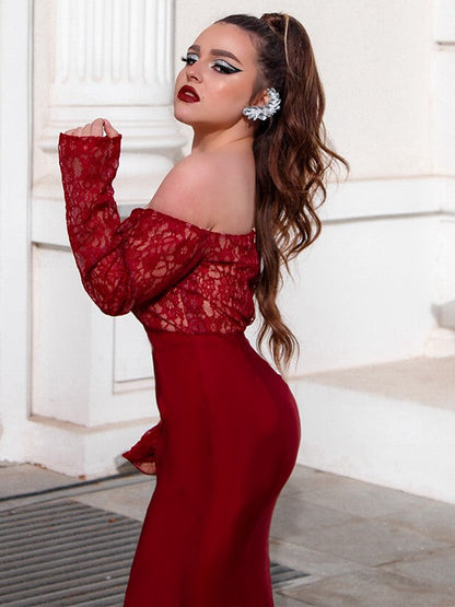 Woven Satin Applique Off-the-Shoulder Long Sleeves Sweep/Brush Train Dresses