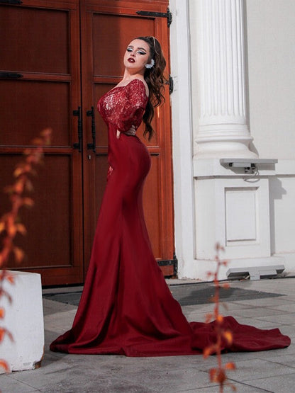 Woven Satin Applique Off-the-Shoulder Long Sleeves Sweep/Brush Train Dresses
