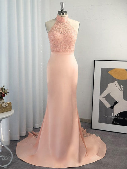 Halter Sleeveless Satin Lace Sweep/Brush Train Dresses