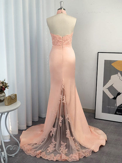 Halter Sleeveless Satin Lace Sweep/Brush Train Dresses