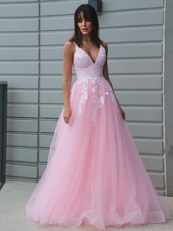 Tulle V-neck Applique Sleeveless Floor-Length Dresses