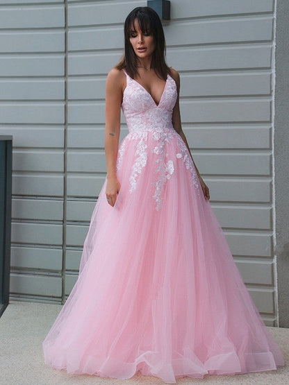 Tulle V-neck Applique Sleeveless Floor-Length Dresses