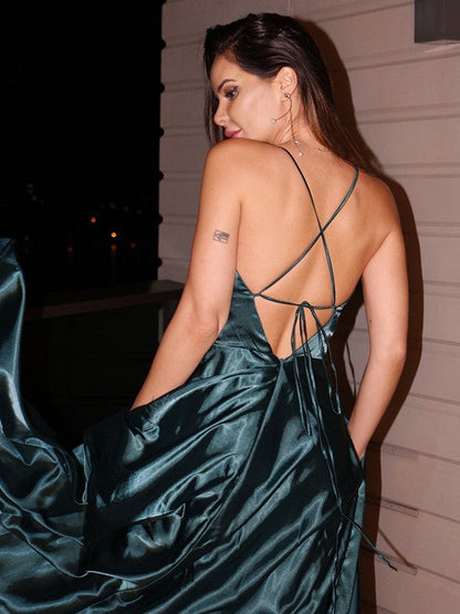 Silk like Satin V-neck Ruffles Sleeveless Floor-Length Dresses