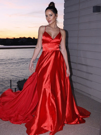 Woven Satin Ruffles V-neck Sleeveless Sweep/Brush Train Dresses