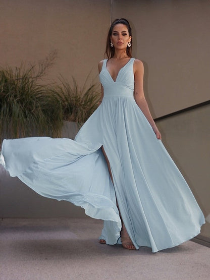 Ruffles Jersey V-neck Sleeveless Floor-Length Dresses