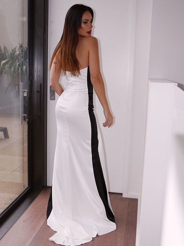 Woven Satin Ruched Strapless Sleeveless Sweep/Brush Train Dresses