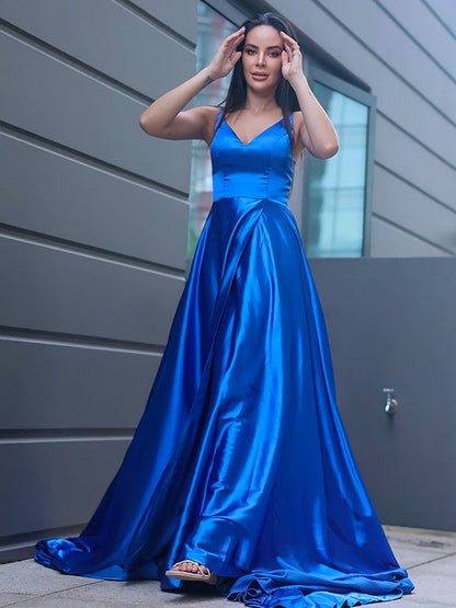Silk like Satin Ruffles V-neck Sleeveless Sweep/Brush Train Dresses