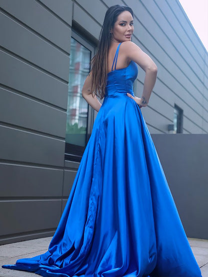 Silk like Satin Ruffles V-neck Sleeveless Sweep/Brush Train Dresses