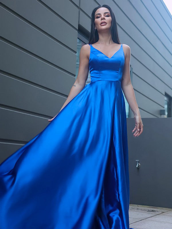 Silk like Satin Ruffles V-neck Sleeveless Sweep/Brush Train Dresses