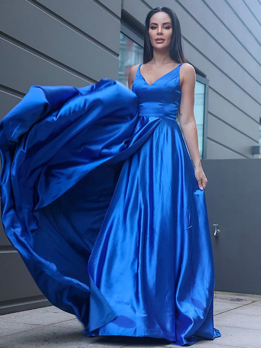 Silk like Satin Ruffles V-neck Sleeveless Sweep/Brush Train Dresses