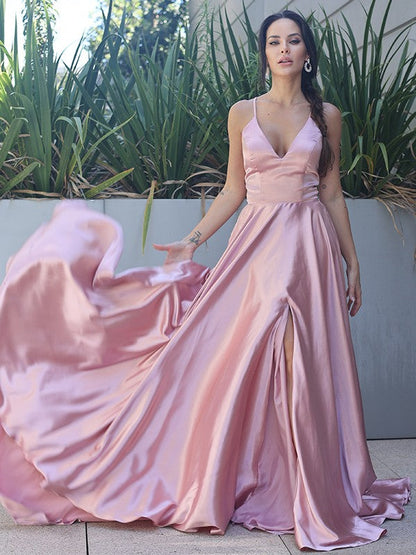 Silk like Satin Ruffles V-neck Sleeveless Sweep/Brush Train Dresses