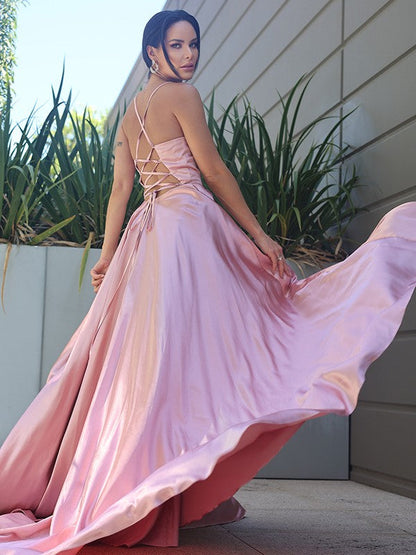 Silk like Satin Ruffles V-neck Sleeveless Sweep/Brush Train Dresses