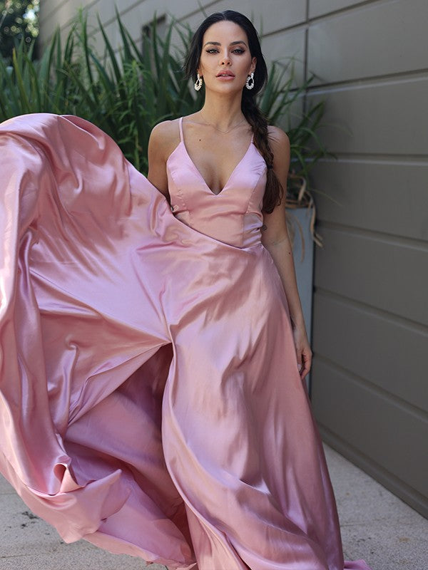 Silk like Satin Ruffles V-neck Sleeveless Sweep/Brush Train Dresses