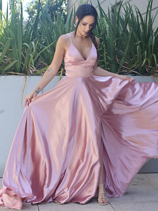 Silk like Satin Ruffles V-neck Sleeveless Sweep/Brush Train Dresses