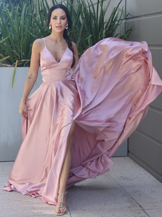 Silk like Satin Ruffles V-neck Sleeveless Sweep/Brush Train Dresses