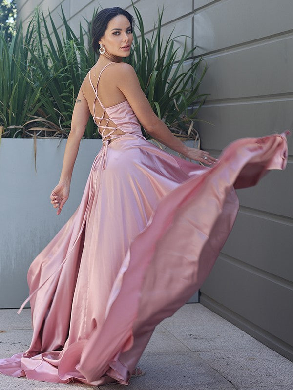 Silk like Satin Ruffles V-neck Sleeveless Sweep/Brush Train Dresses