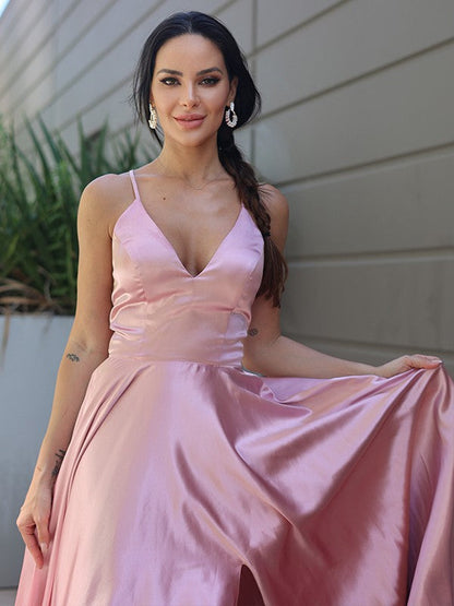 Silk like Satin Ruffles V-neck Sleeveless Sweep/Brush Train Dresses