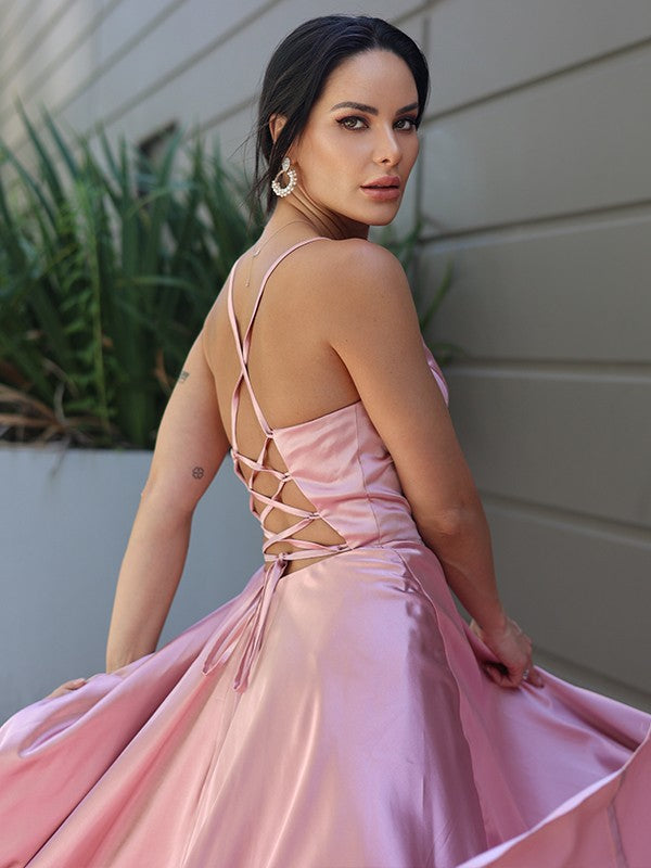 Silk like Satin Ruffles V-neck Sleeveless Sweep/Brush Train Dresses