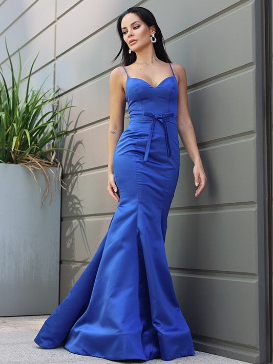 Satin Ruffles Spaghetti Straps Sleeveless Sweep/Brush Train Dresses