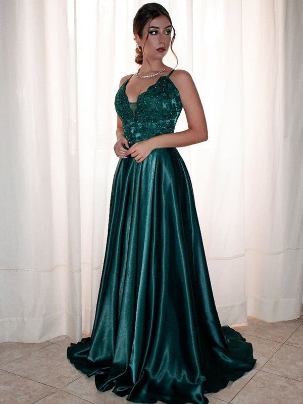 Satin Applique V-neck Sleeveless Sweep/Brush Train Dresses