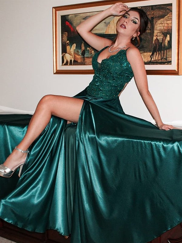 Satin Applique V-neck Sleeveless Sweep/Brush Train Dresses