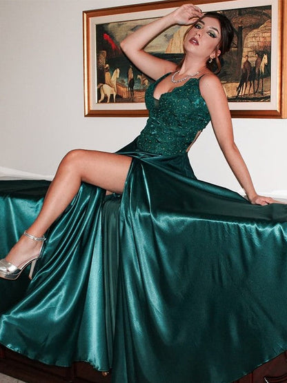 Satin Applique V-neck Sleeveless Sweep/Brush Train Dresses
