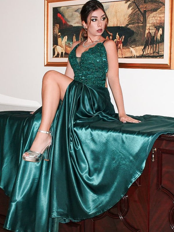 Satin Applique V-neck Sleeveless Sweep/Brush Train Dresses