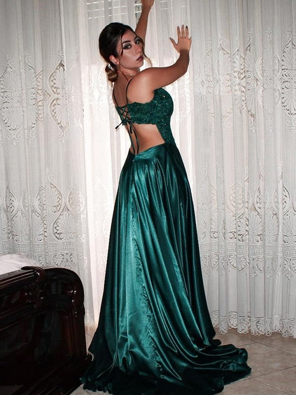 Satin Applique V-neck Sleeveless Sweep/Brush Train Dresses
