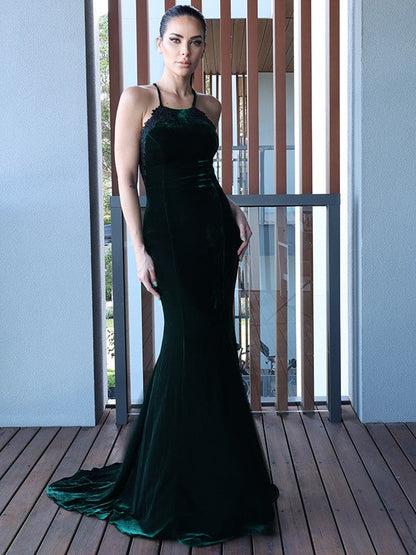 Applique Halter Sleeveless Sweep/Brush Train Dresses