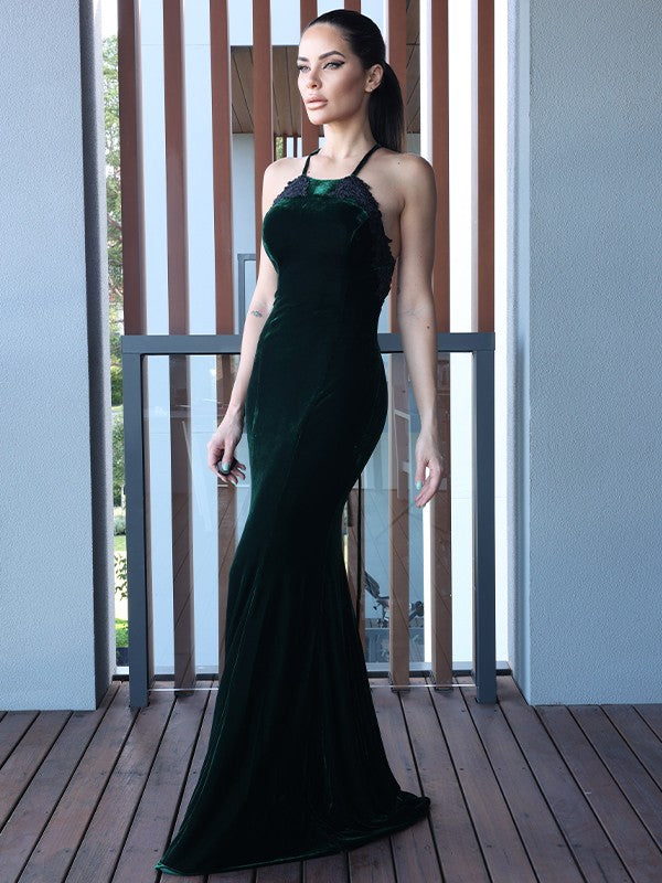 Applique Halter Sleeveless Sweep/Brush Train Dresses
