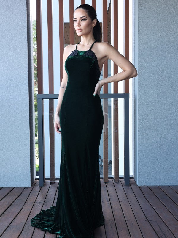 Applique Halter Sleeveless Sweep/Brush Train Dresses