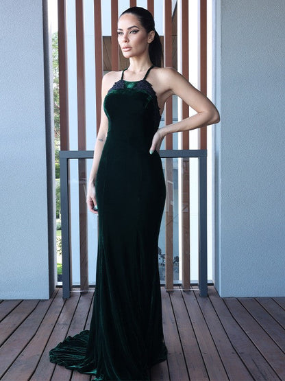 Applique Halter Sleeveless Sweep/Brush Train Dresses