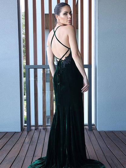 Applique Halter Sleeveless Sweep/Brush Train Dresses
