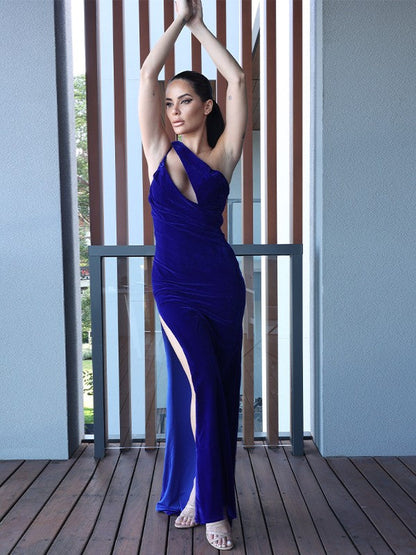 Velvet Ruched One-Shoulder Sleeveless Floor-Length Dresses