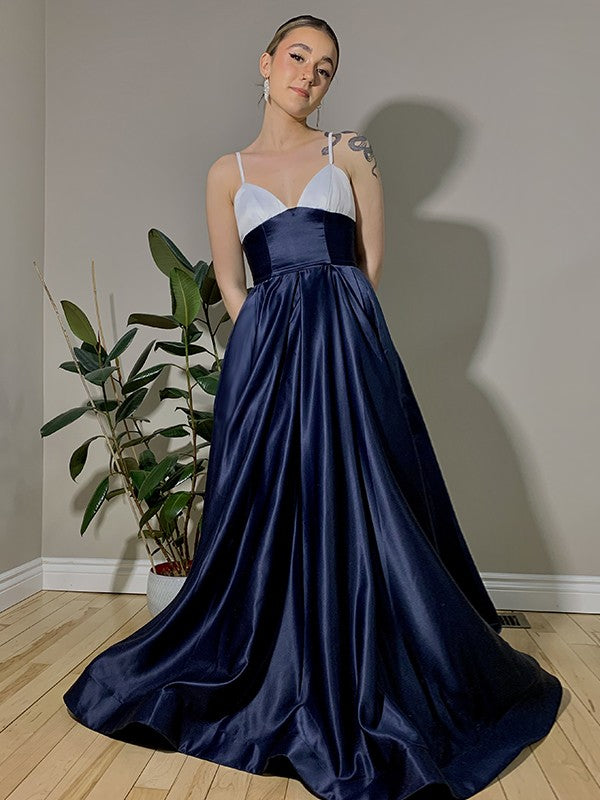 Satin Ruffles V-neck Sleeveless Sweep/Brush Train Dresses